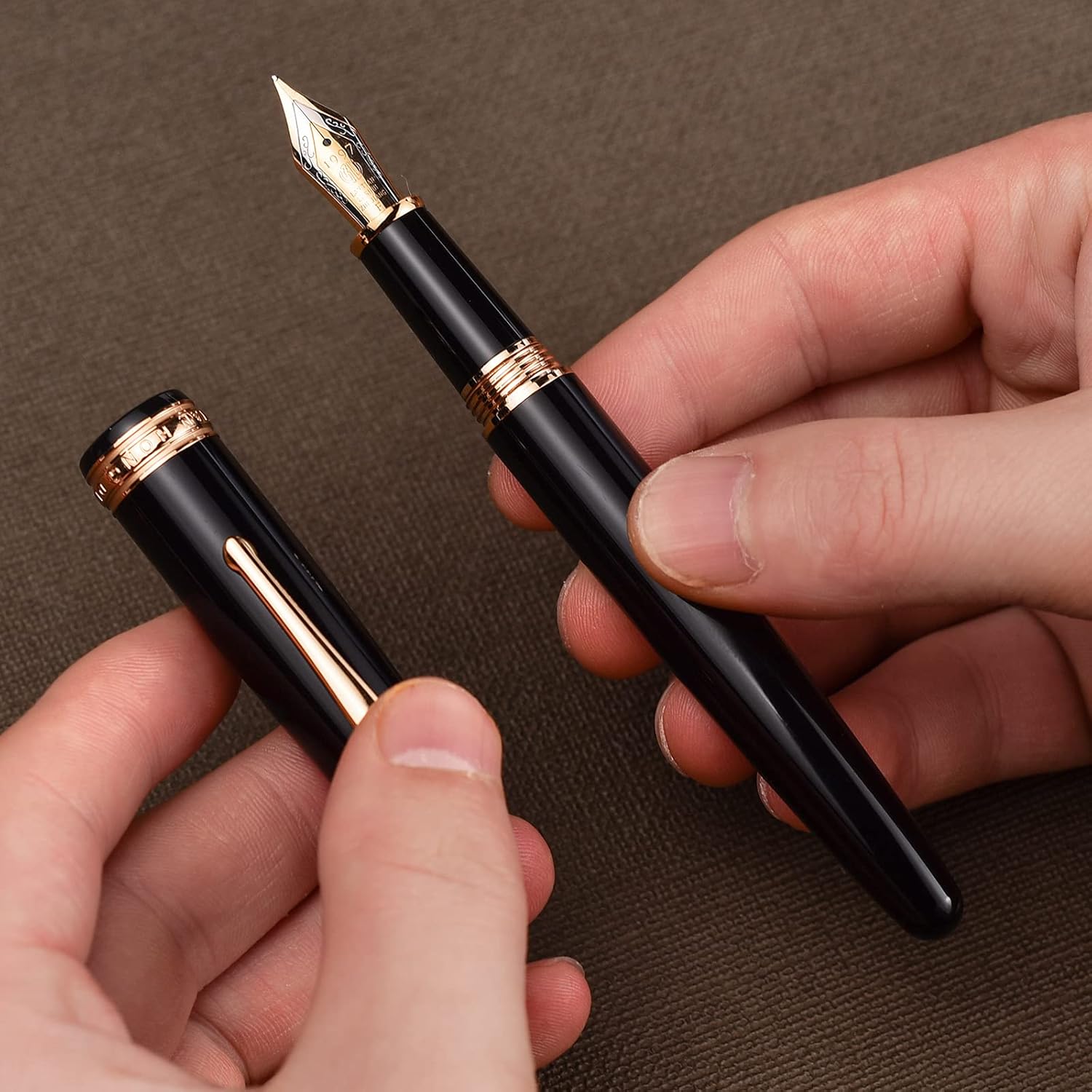 Hongdian 1841 Fountain Pen Fine Nib Black Resin Classic Writing Instrument with Metal Pen Case