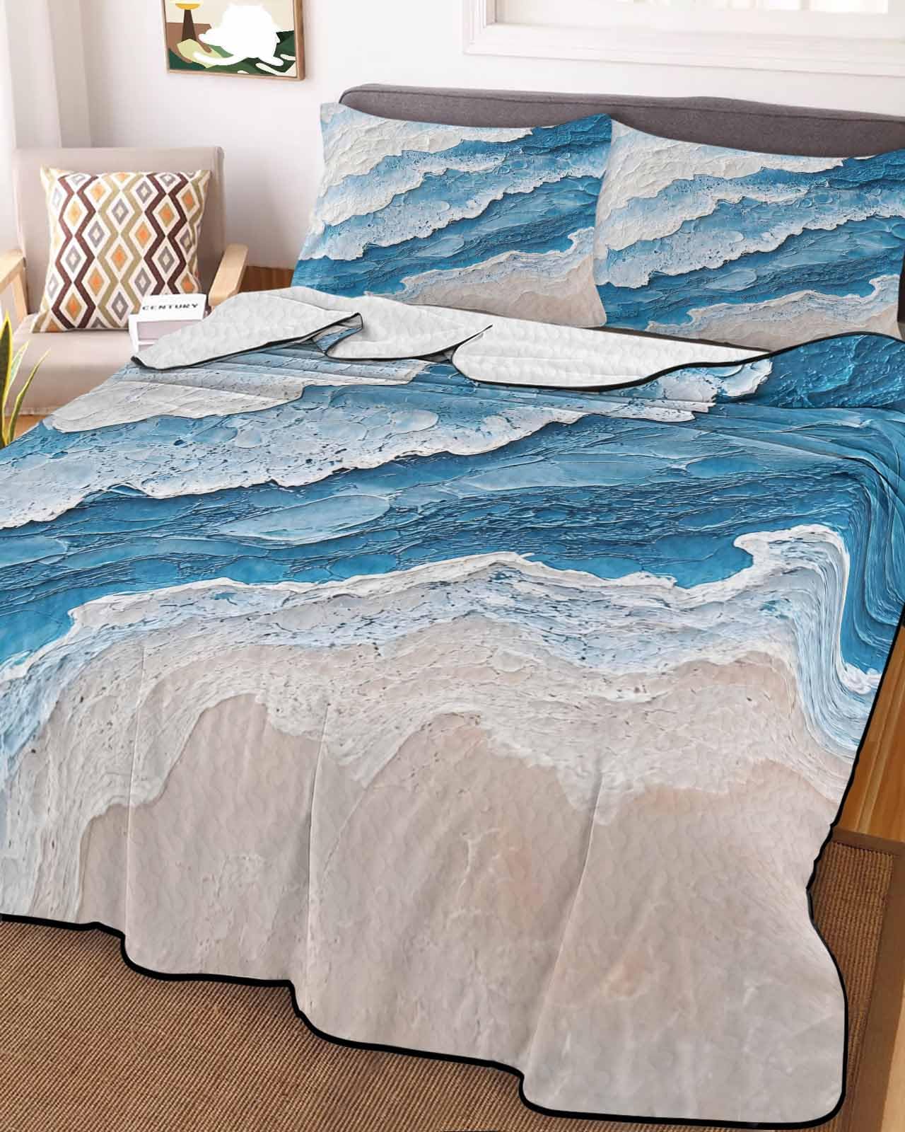 Reversible Down Alternative Comforter Quilted, Abstract Watercolor Ocean Beach Duvet Insert Lightweight Soft Bedspread Throw Blankets Modern Oil Painting for All Seasons Bed Sofa Decor