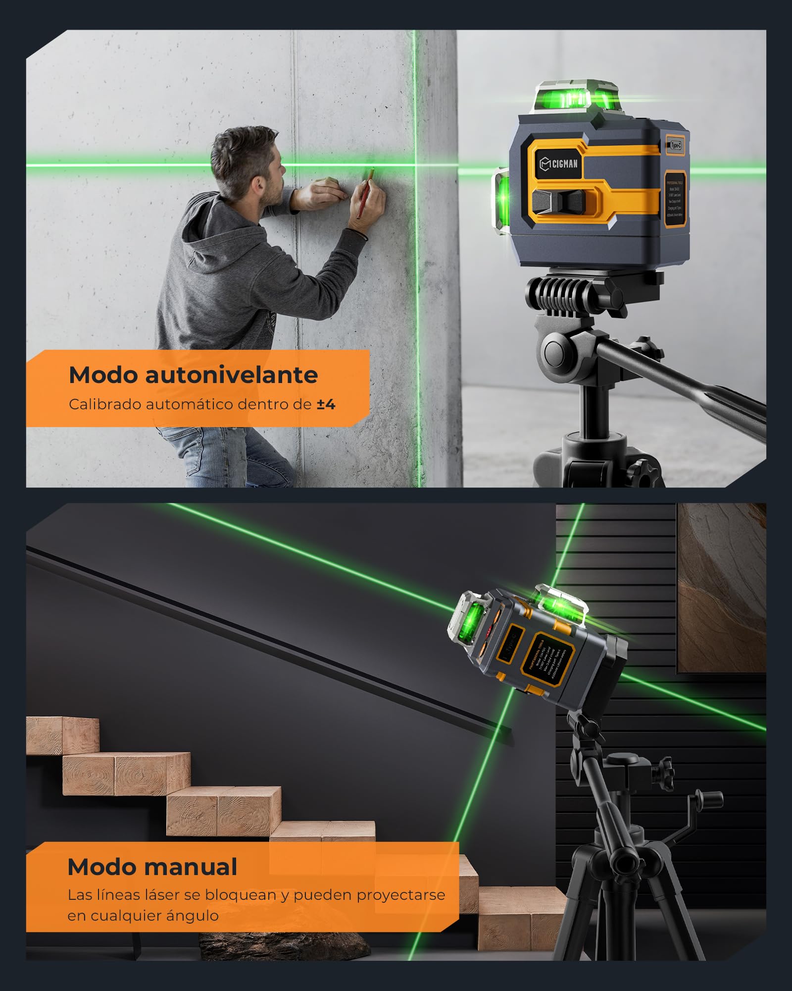 CIGMAN Nivel Láser Verde, Control Remoto Inalámbrico Bluetooth por APP, Autonivelante con Herramienta de Línea Cruzada 3x360° Línea Horizontal/Vertical, con Soporte Giratori