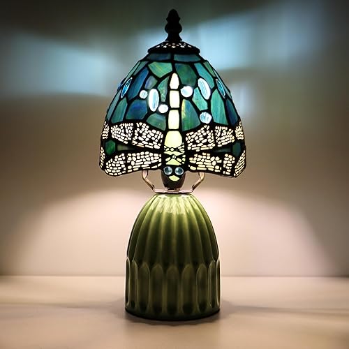 Miniatura 13 de Tiffany Lamp Stained Glass Mushroom Table Lamps 6X6X12.5 Inch Sea Blue Peacock Tail Style Small Night Light Ceramic Base Mini Accent Desk Light Sea
