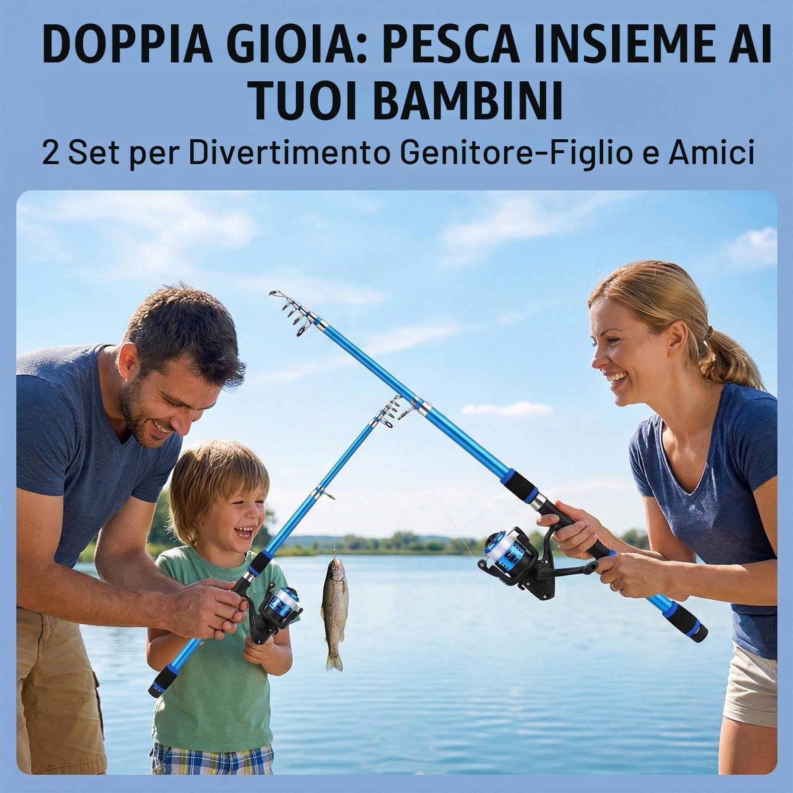 Set di 2 accessori da pesca, telescopico, canna da pesca, 1,8 m, con rotolo, esca, grande galleggiante, campana, borsa per il trasporto
