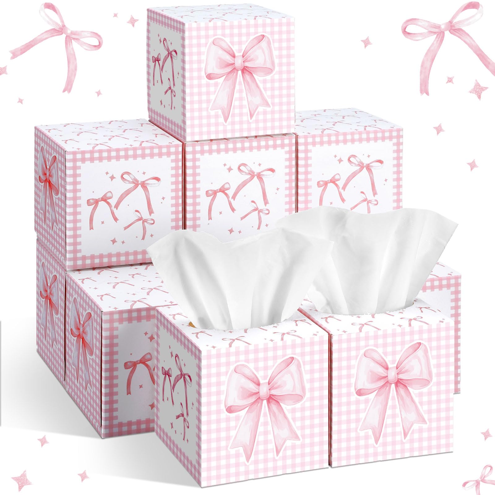 Fourluoo 12 Pack Pink Bow Facial Tissues Cube Boxes 600 Sheets 3 Ply Small Square Face Tissues Bulk for Bow Coquette Birthday Bridal Bachelorette