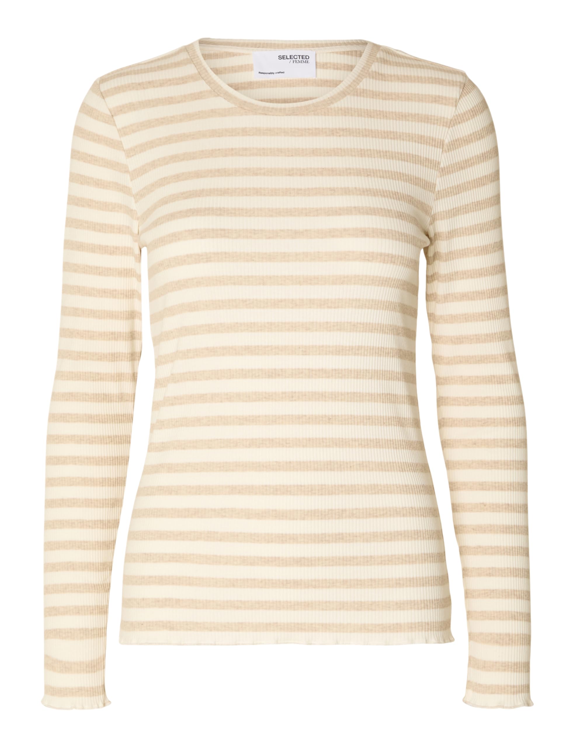 Selected Femme Women's Slfanna LS Crew Neck Tee STR Noos Long-Sleeved Shirt, Oatmeal, M