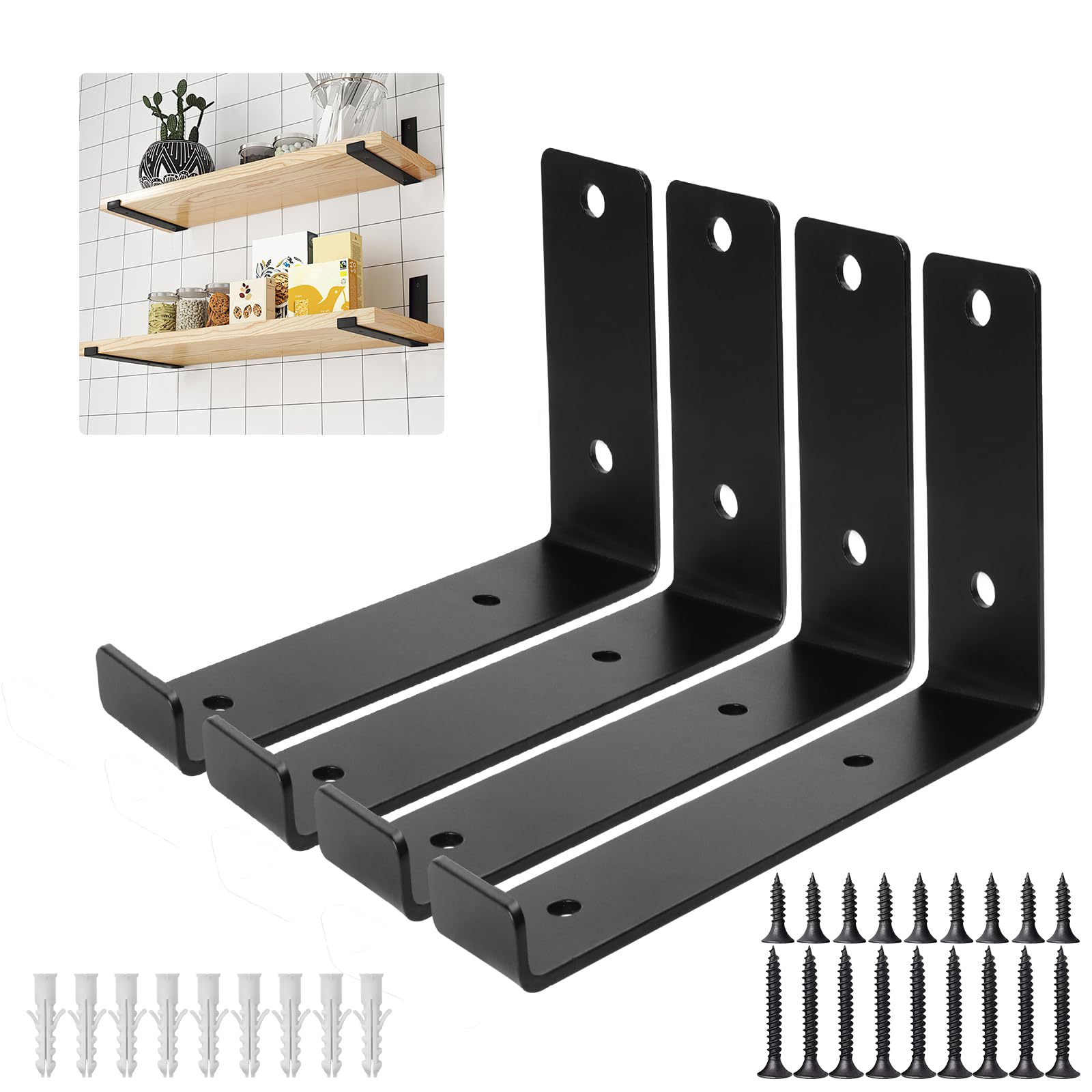 Soporte para estanterías de 20 cm, 4 unidades, color negro, forma de L, ángulo de carga pesada de 90 grados, estante industrial, soporte de pared