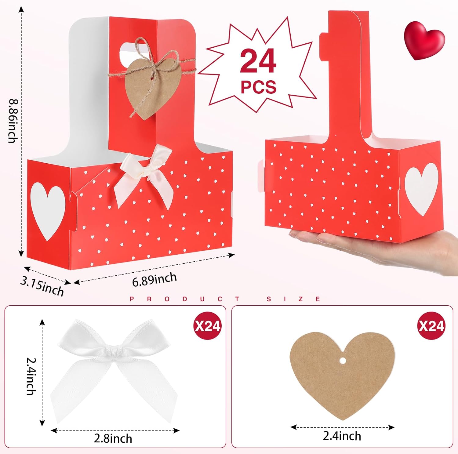 Tinlade 24 Pack 2 Cup Valentines Disposable Drink Carrier with Handle Valentine's Day Cup Holders Carrier Heart Wrap for Mother Day's Wedding Gift Drinks Coffee Food Delivery (Red) - Image 2