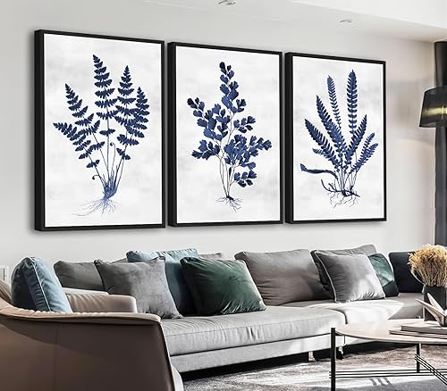 Arte de pared botánico enmarcado grande  Decoración de pared de hoja azul marino de 16 x 24 pulgadas, juego de 3 impresiones artísticas minimalistas
