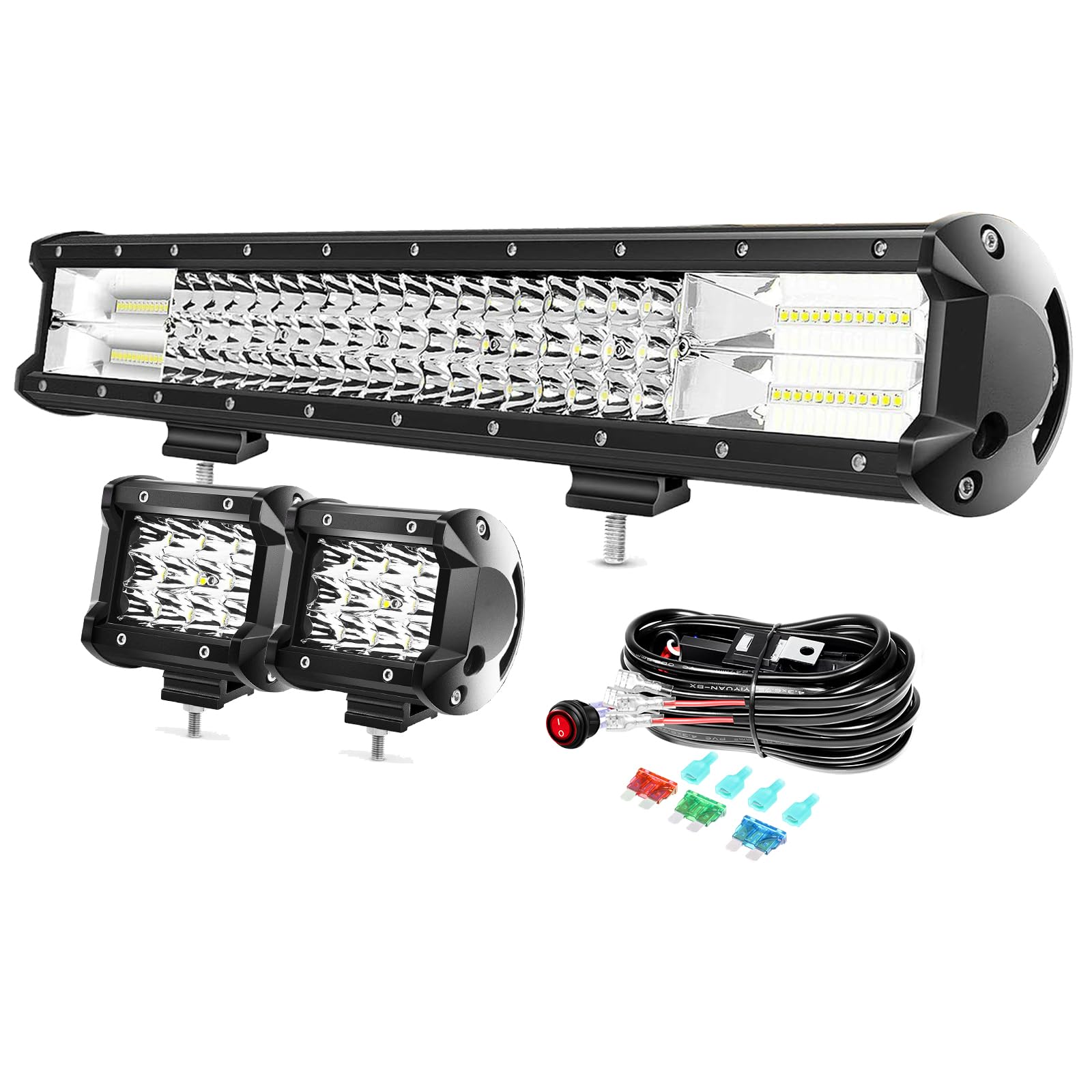 PICAA 20 Pulgadas 288W Barra LED 4x4 y 2x 4 36W Foco Led y Cableado Kit, Luz de Trabajo LED 12V 24V 6000K Faro Led Coche Camión Todoterreno Barras Luminosas Led