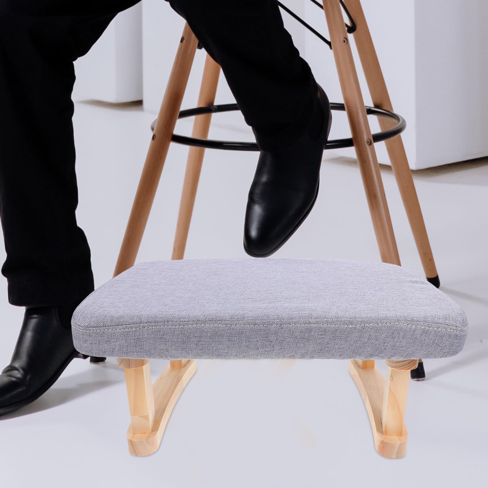 NOLITOY Taburete Pequeño de Madera Maciza Asiento Tapizado en Tela Gris, Reposapiés Multifuncional para Cambiar Zapatos, Meditación y Yoga, Portátil y Compacto para Hogar y Oficina