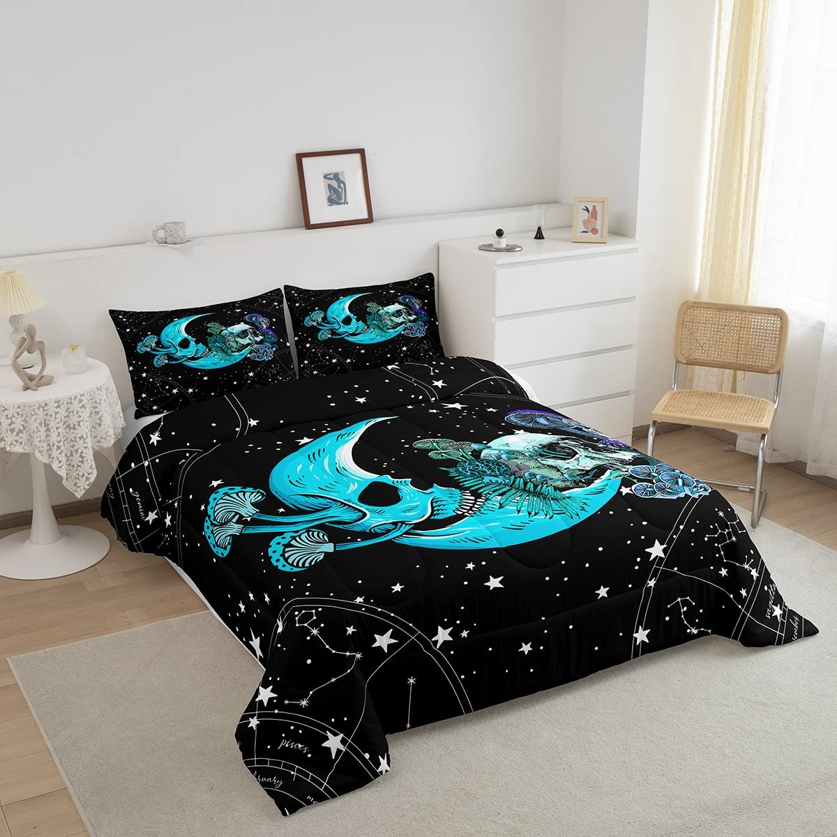 Mushroom Moon and Skull Bedding Set King Size for Kids Teens Men Women Adults,Blue and Black Space Stars Comforter Set for Bedroom Decor,Trippy Mushroom Moon Duvet Insert,Boho Galaxy Down Comforter