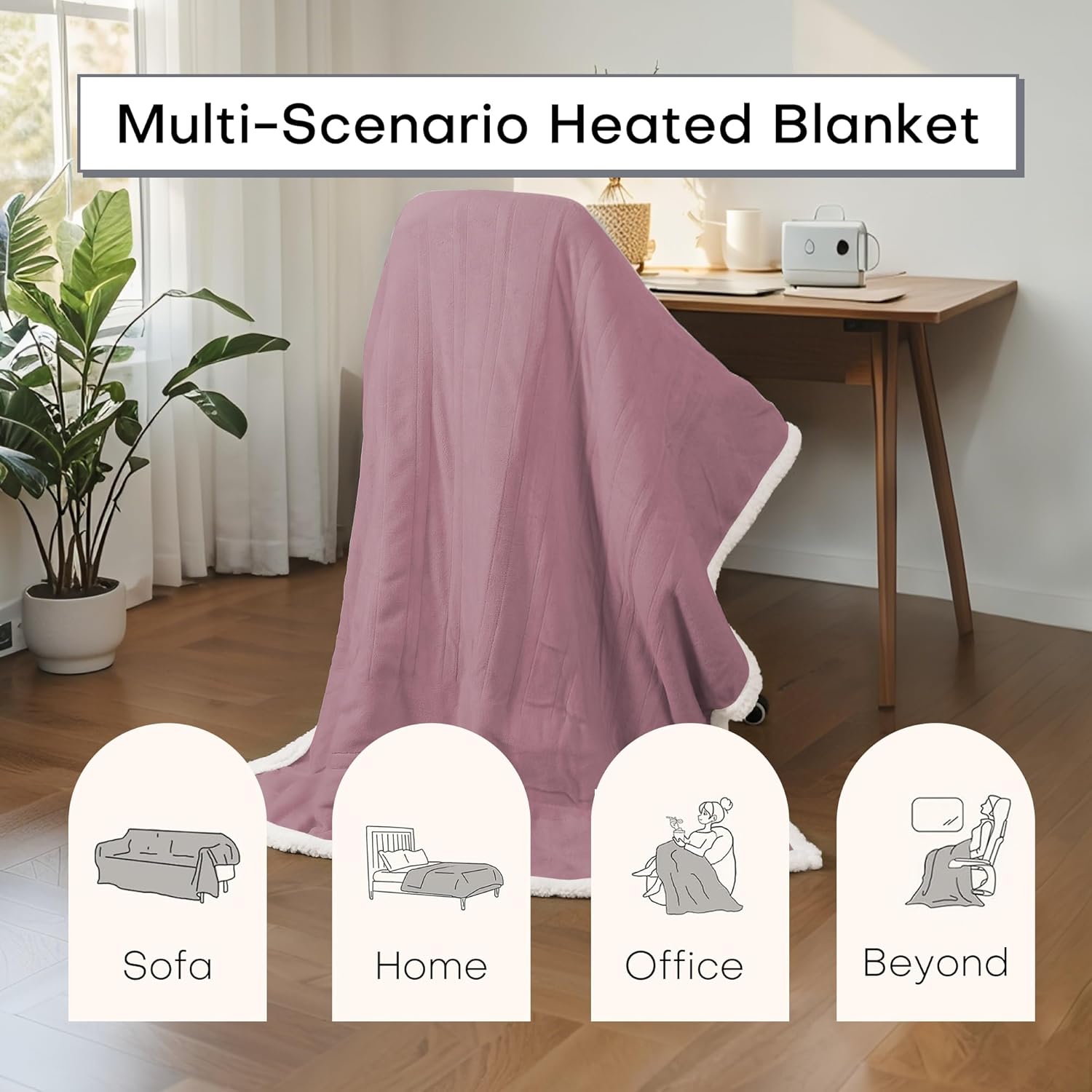 Electric Heated Blanket Throw Size 50"x60" - Dual-Sided with Microplush & Sherpa Fabric, 4 Heat Settings & 3 Hours Auto Off, Machine Washable - Berry - Image 6