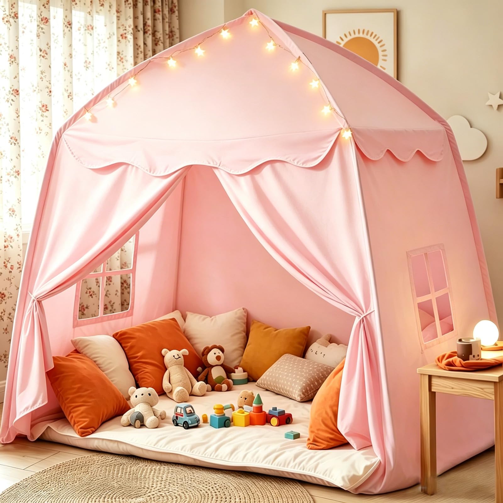 Kinderzelt Indoor Spielhaus Kinder Tipi Zelt für Kinder - Großes Spielzelt Kinder Indoor mit Lichterkette, Faltbar Kinderzelt für Kinderzimmer Oder Garten 150x100x150 cm (PINK)