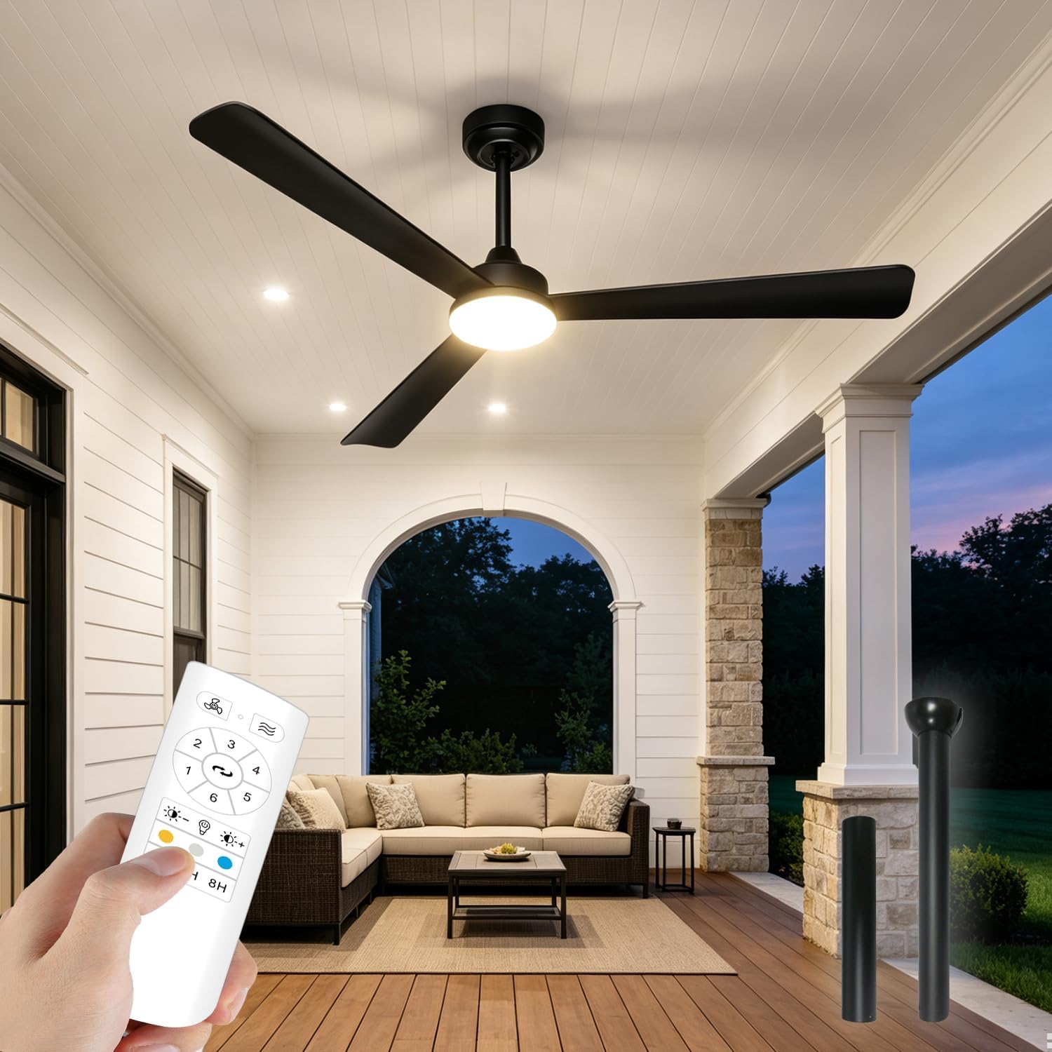Deckenventilator mit Beleuchtung und Fernbedienung, 132 cm/52 Zoll, 3 Flügeln, Timer, 3 Farbtemperatur, 6 Geschwindigkeiten, Umkehrbar DC Motor, für Schlafzimmer Wohnzimmer