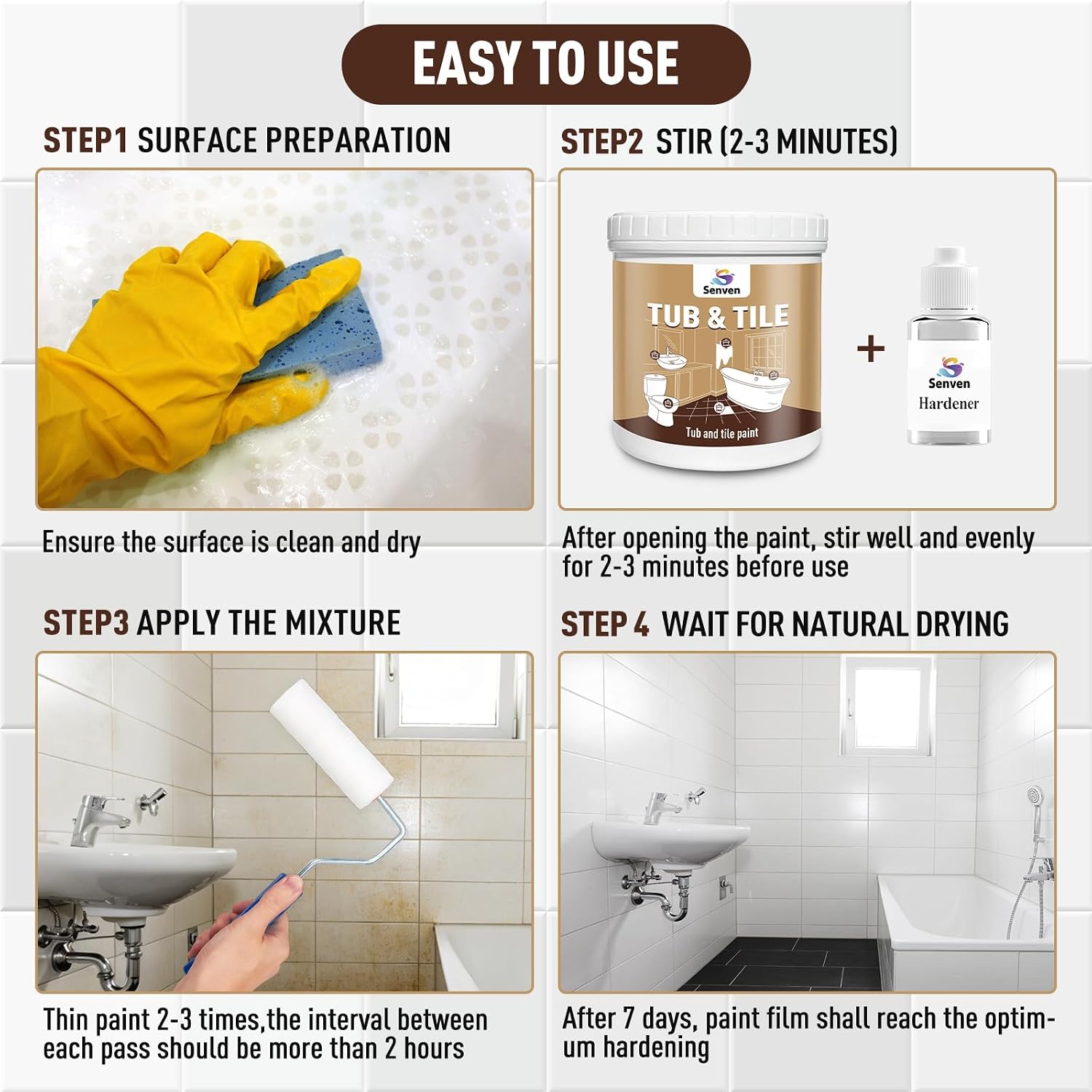 Tub and Tile Paint with Tools, Tub and Tile Refinishing Kit for Bathtub Porcelain Tiles Sinks Toilets, Water-based, Low Odor and Easy to Use Acrylic Enamel 30-35 sq.ft 21oz Semi-Gloss White