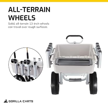 Gorilla Carts Poly Outdoor Fish & Marine Cart, 5 Cu Ft Capacity, 200 lb Load Rating Heavy-Duty Aluminum Frame, 13-Inch All-Terrain Tires, 8 Rod Holders, Foldable Bait Tray, Easy to Clean