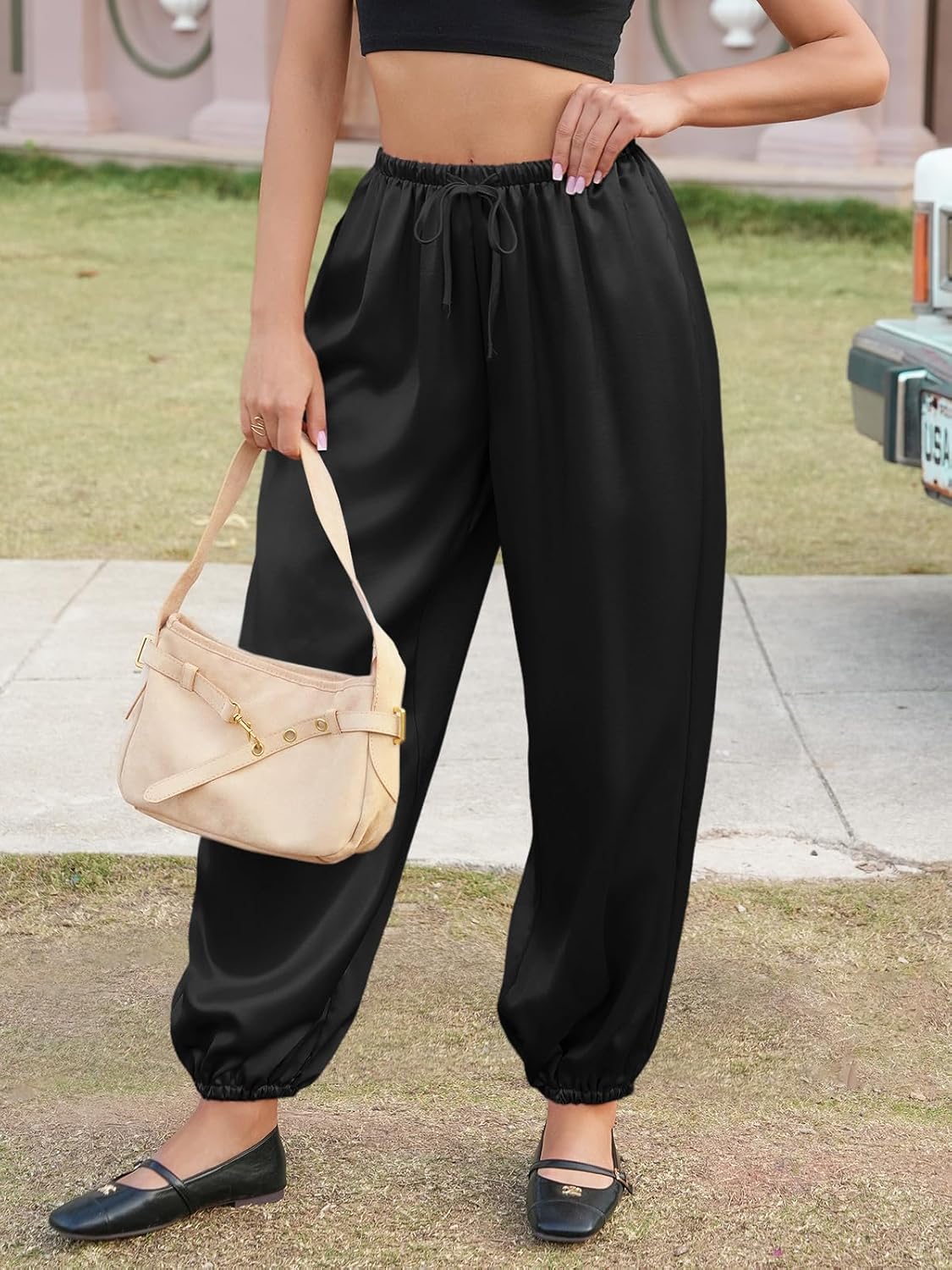 Fisoew Womens Satin Harem Pants Casual Baggy Barrel Leg Elastic Waist Drawstring Loose Workout Track Pants with Pockets - Image 2