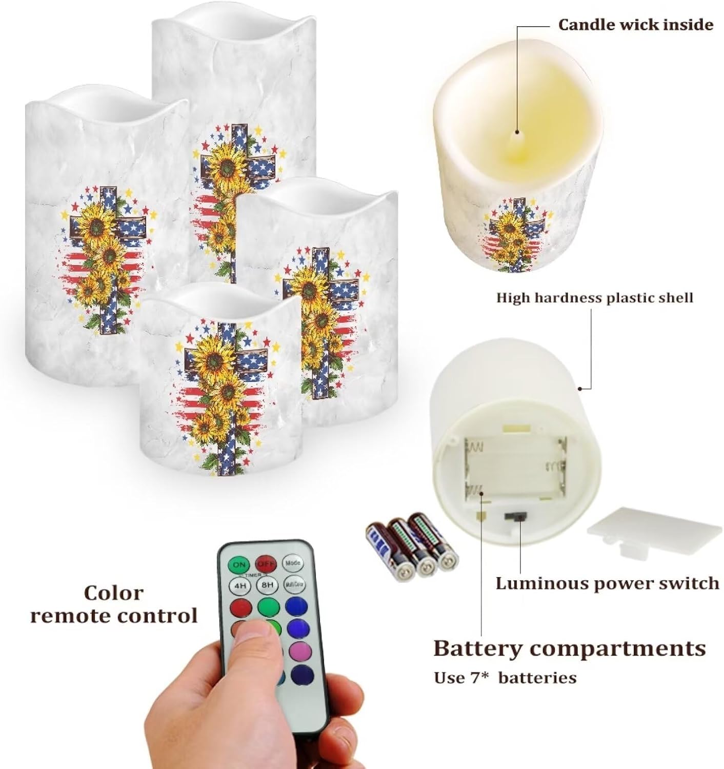 American Flag Cross Flameless Candle with Remote Control Color Changing and Timer Flickering Pillar Candle Moving LED Battery Prayer Light Suitable for Church Decoration Set of 4