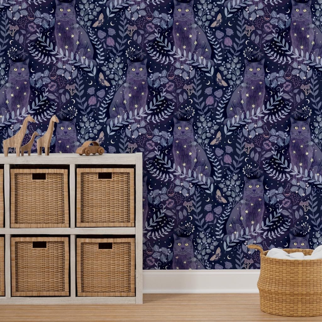 Peel & Stick Wallpaper 3ft x 2ft - Night Garden Lunar Witch Dreamy Indigo Blue Purple Black Moody Botanical Jumbo Scale Celestial Cat Custom Removable Wallpaper by Spoonflower