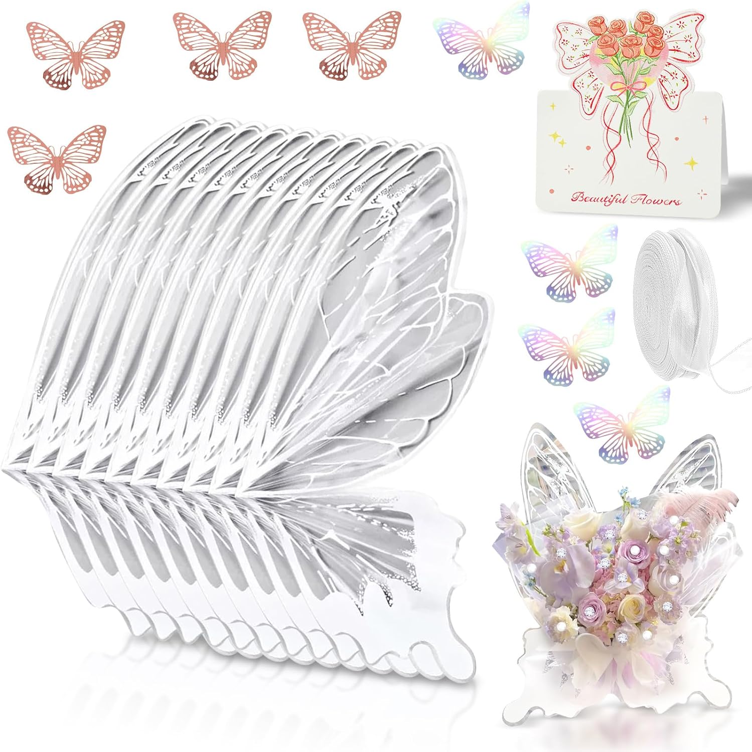 17FEIVRLU Butterfly Flower Wrapping Paper Kit, 261 Pcs Flower Bouquet Wrapping Paper 20 Set Butterfly-Shaped Waterproof Floral Packaging Tissue Paper for Florist Supplies DIY Craft Valentine Day