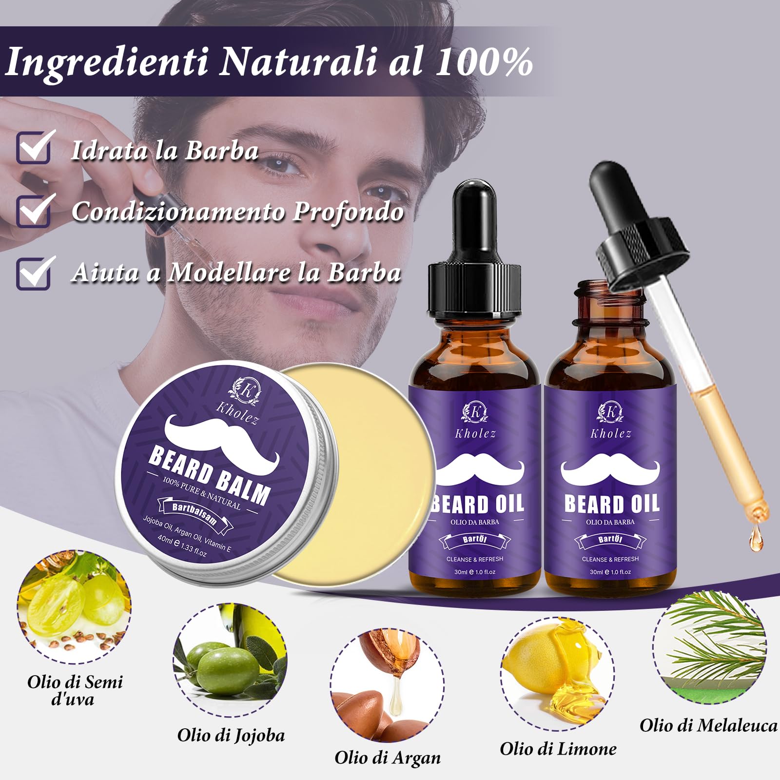 KHOLEZ Kit Barba Uomo Professionale, Set Barba Uomo, Set Cura Barba con Olio Barba, Balsamo Barba, Shampoo Barba, Forbici, Pettine Barba, Spazzola Barba, Modello Barba e Sacca Viaggio, Regalo Uomo