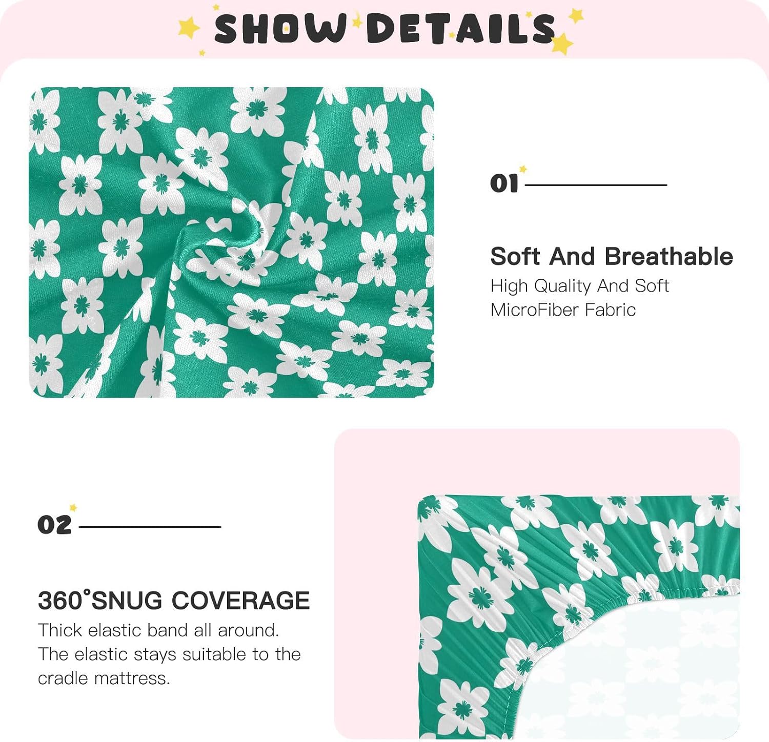 MNSRUU Baby Crib Sheets for Boys Girls, Green Flower Soft Breathable Fitted Bassinet Playard Bed Sheet for Standard Crib and Toddler Mattress Playard Bedding, 39x27x5in