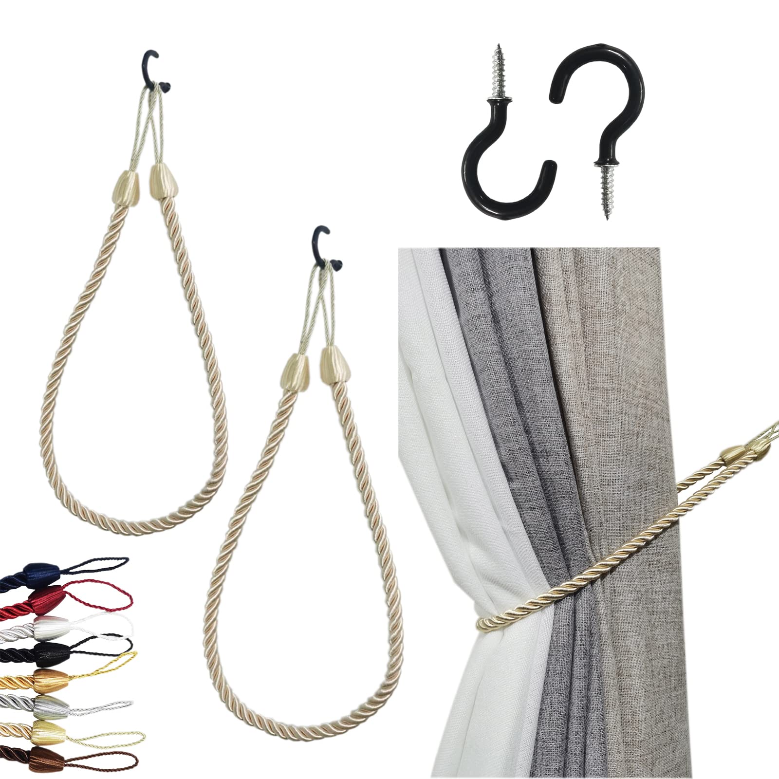 SLIFEOW Curtain Tiebacks Ropes, Decorative Handmade Tie Backs Curtain Holdbacks with 2 Metal Screw Hooks, Holders Cord for Window Sheer Drapes Indoor Outdoor (Beige, 2) Beige 2