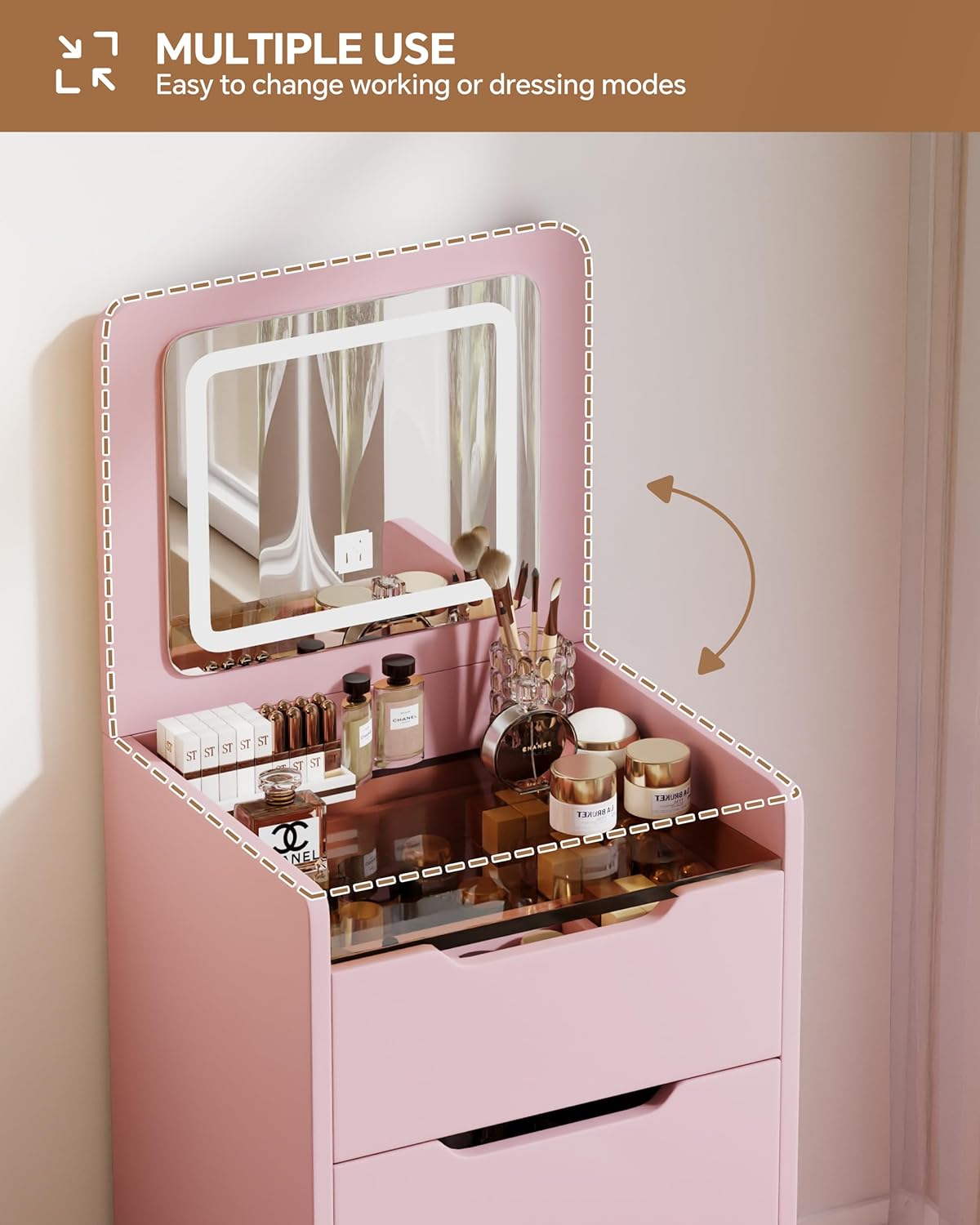 Small Pink Makeup Vanity Desk with 3 Colors LED Lighting, 3-in-1 Vanity Desk with Flip Top Mirror, Compact Vanity Table with Stool for Small Space, Storage Makeup Dressing Table (Pink)