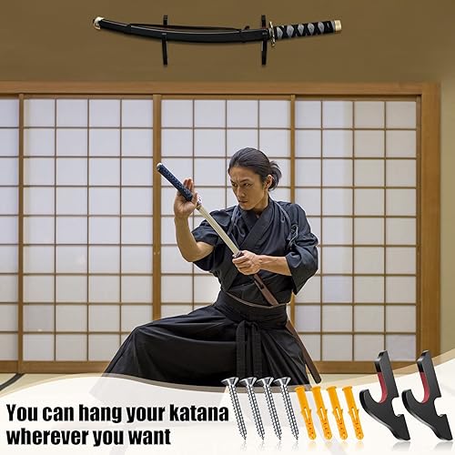 Miniatura 6 de Yookeer Soporte de pared ajustable para espada, 4 piezas, soporte de madera para armas de artes marciales, soporte para armas samurái, montaje en