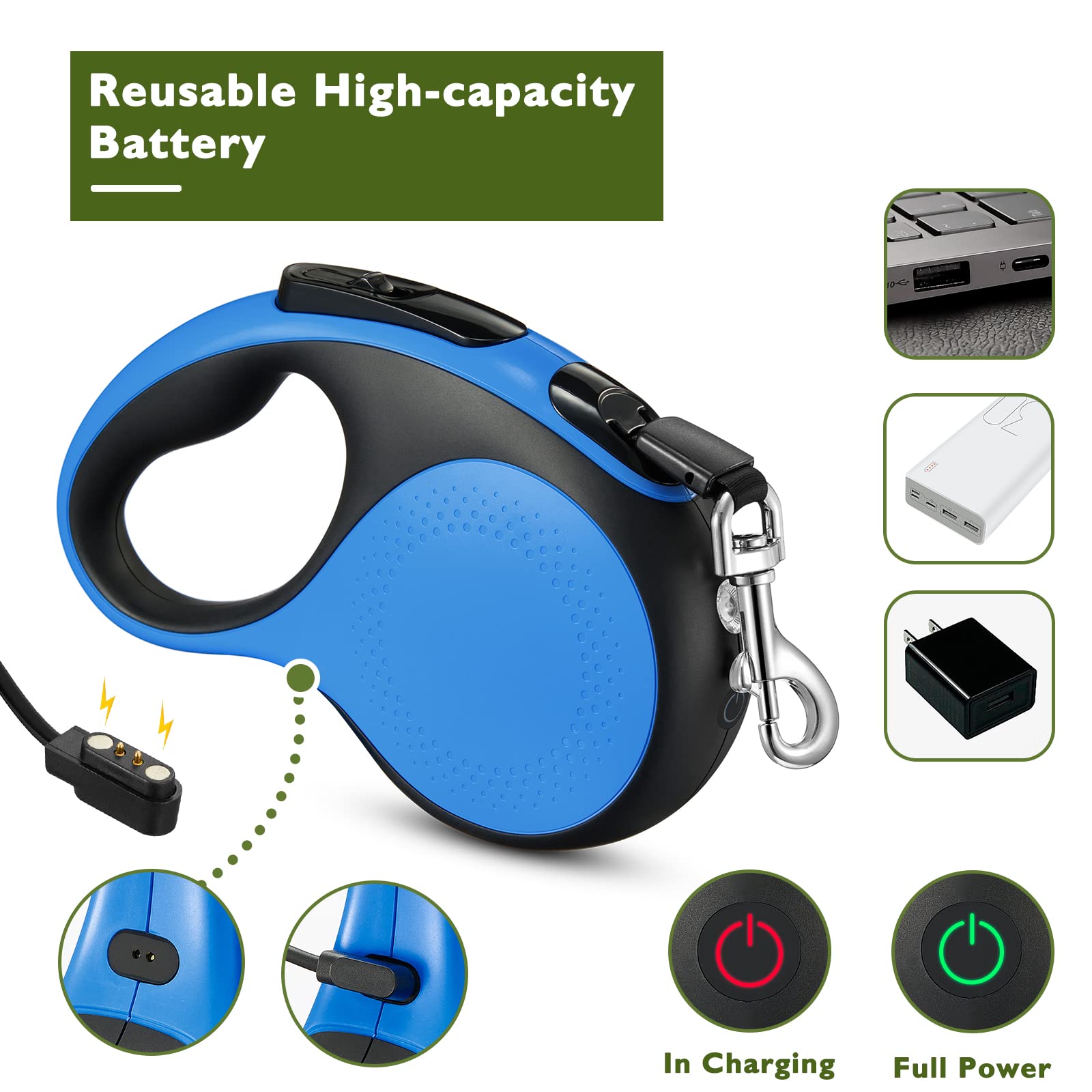 Laisse rétractable durable de 4,8 m pour chiens ou chats de taille moyenne avec lampe de poche LED et port de charge amélioré, pour promener jusqu'à 30 kg, bleu