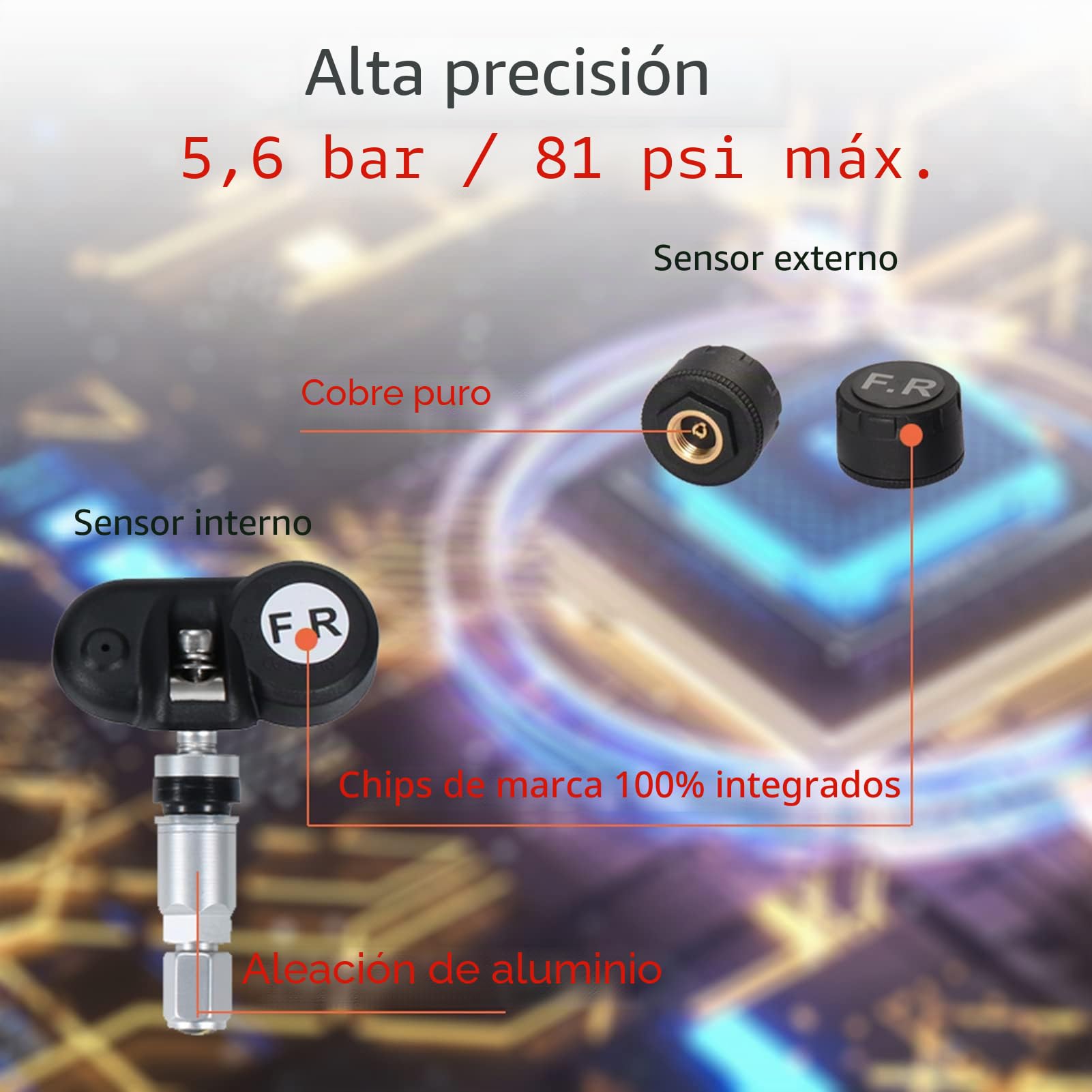 Shkalacar USB/Solar TPMS 0-81 PSI Sistema de Control de Presión de Neumáticos con 4 Sensores, 5 Modos de Alarma, Pantalla LCD con Retroiluminación Automática para Coche Sedán SUV MPV (Interno)