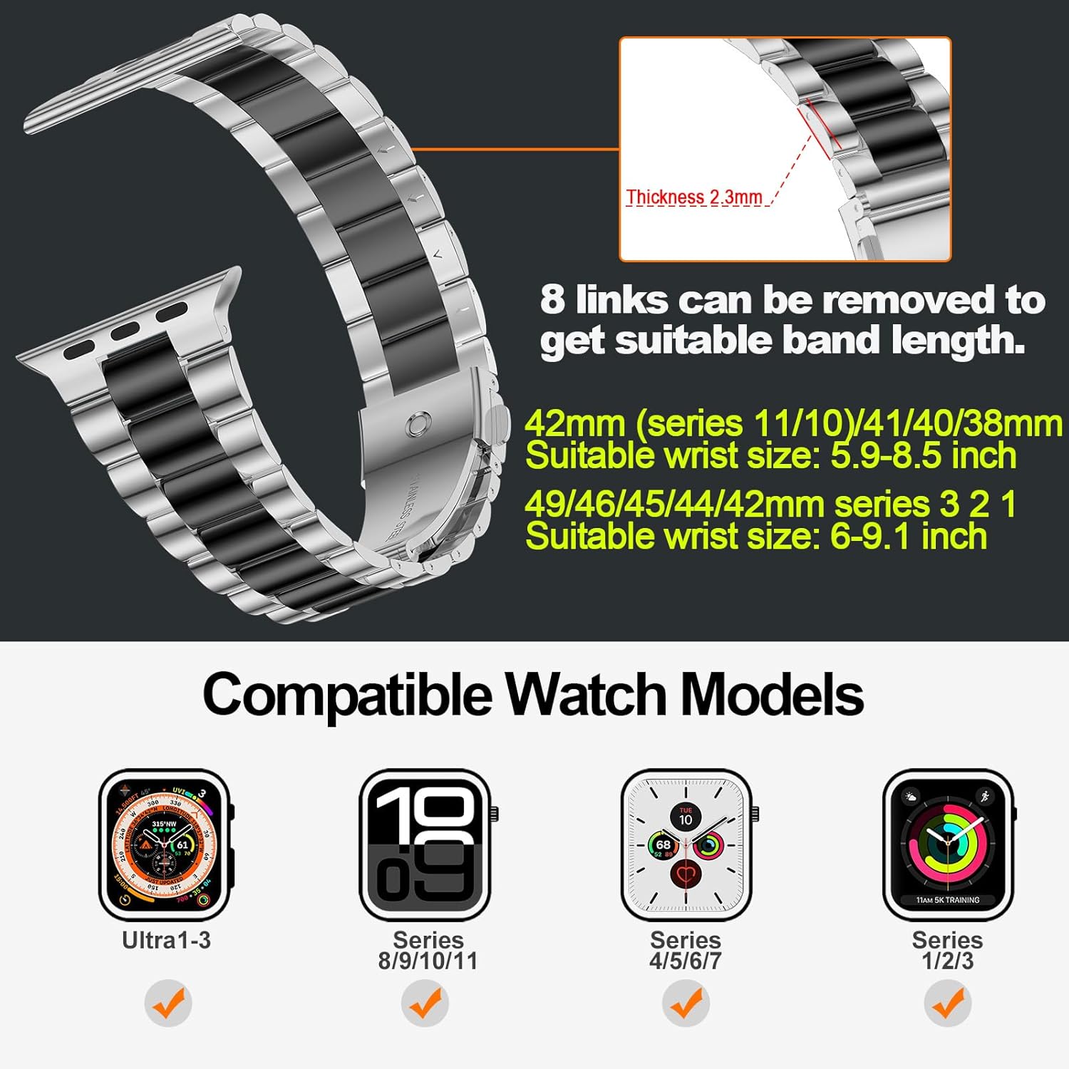 iiteeology Lightweight Stainless Steel Band Designed for Apple Watch Ultra 3 & Ultra 2, Series 1-11, 46mm, 45mm, 44mm, 42mm, Replacement iWatch Bands for Men & Women, Silver/Black - Image 2