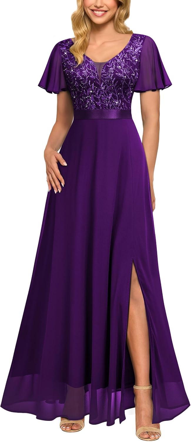 Miusol Women's V-Neck Sequin Lace Classy Ruffle Sleeve Bridesmaid Maxi Dress