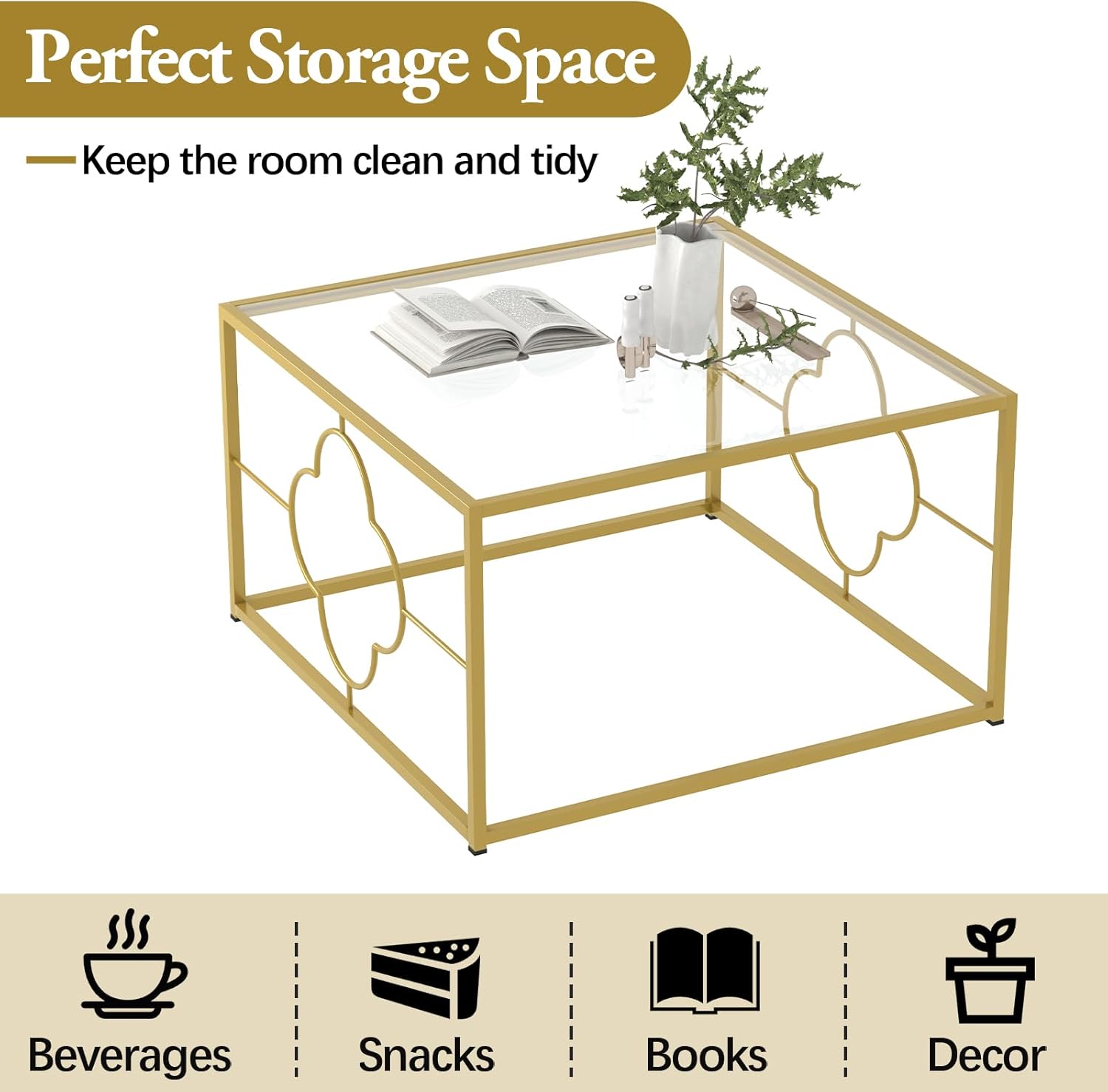 Coffee Table Modern Center Table,Glass Minimalist Square Coffee Table Tea Table for Living Room,Tempered Glass-top with Sturdy Metal Frame, Easy Assembly,26.4 x 26.4 x 15.7 Inches, Gold