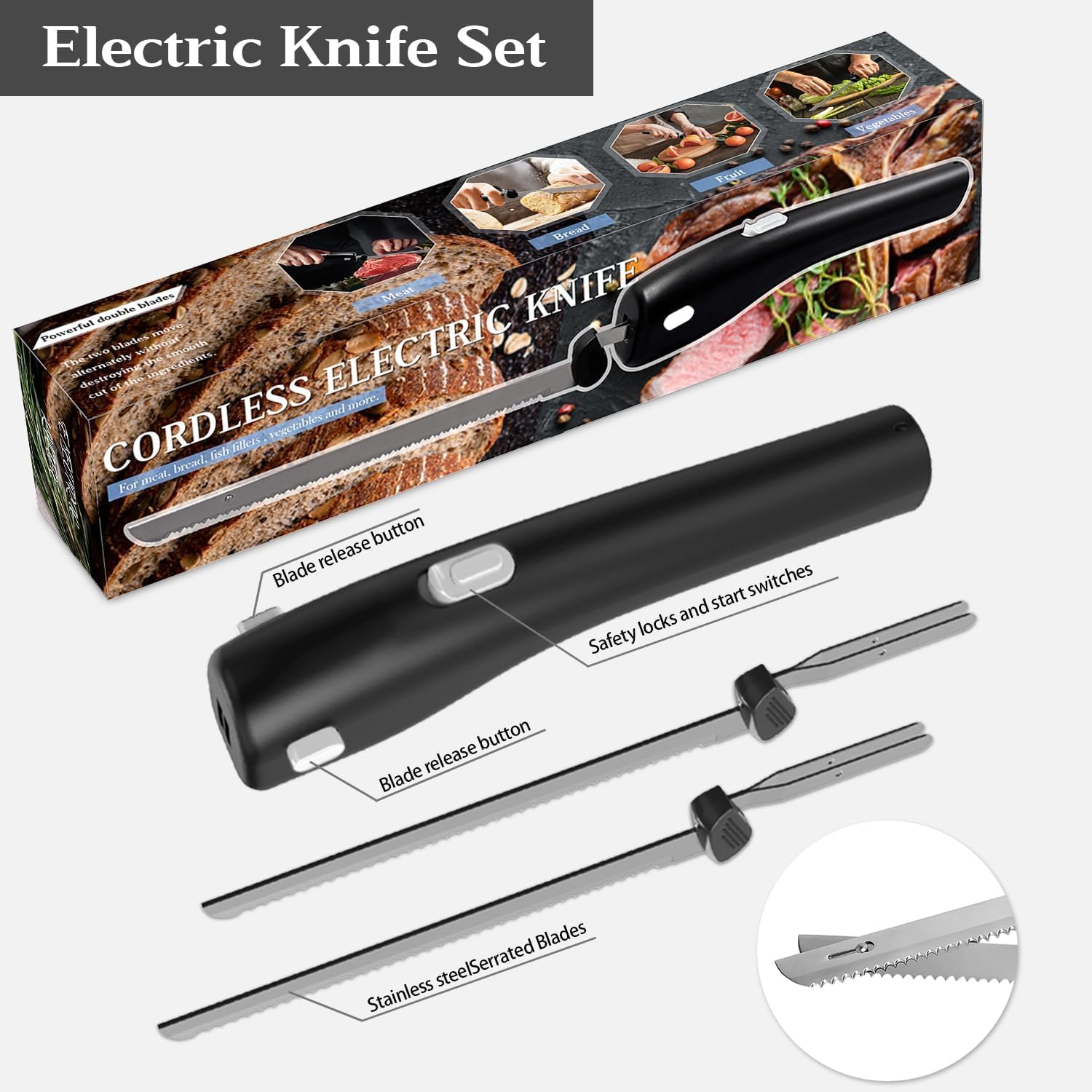 Cordless Electric Knife -with 2 Versatile Blades, Rechargeable Bread & Meat Knife with Safety Lock, Ergonomic Handle, for Steak, Fish, Cheese for Cutting Board (Grey Button)