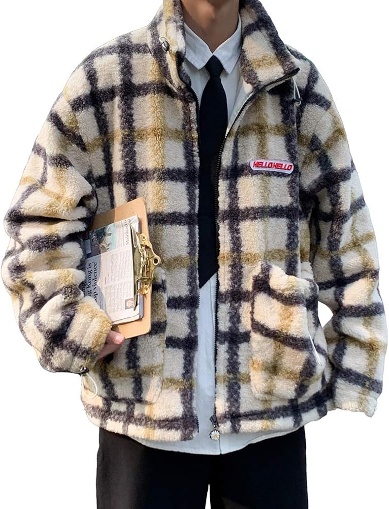 Ptorボアジャケット メンズ ブルゾン 冬 フリースジャケット ジップアップ 防寒 暖かい もこもこ ジャケット 厚手 チェック