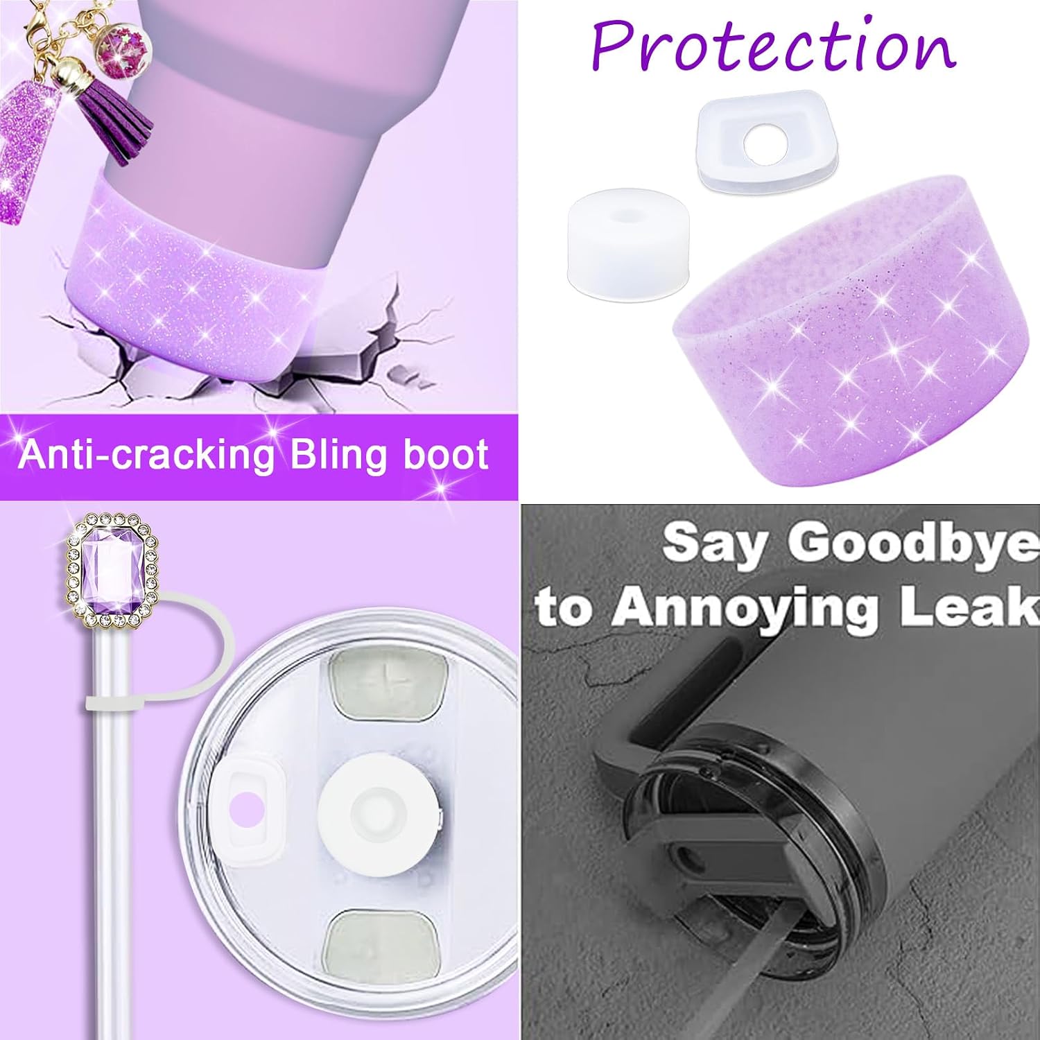 7PCS Purple Stanley Cup Accessories Set,Initials Decorations for Stanley Cup 30oz 40oz,Includes Jewel Straw Topper,Spill Proof Stopper, Handle Charm,Sparkly Silicone Boot,Letter Sticker,Bow (Purple C) image 3