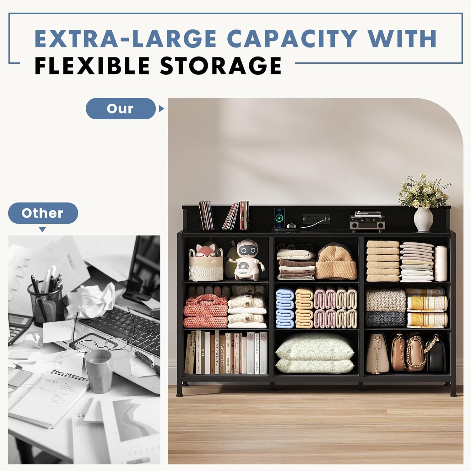 DUMOS TV Stand Dresser with 9 Fabric Drawers and Open Shelves, Entertainment Center with LED Lights, Charging Station for Bedroom, Wood Top Media Console for 45-55 inch TV Stand with Storage, Black - Image 5