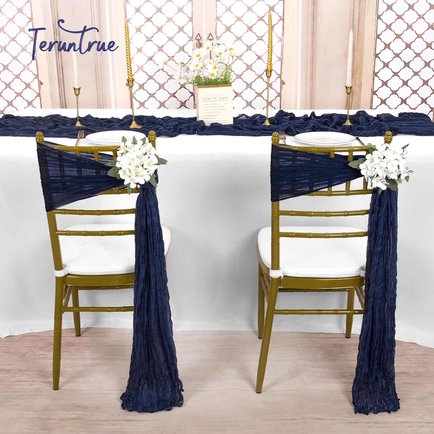 Teruntrue Aisle Decorations 20 Pack Navy Blue Cheesecloth Chair Sashes, Chair Bows for Wedding Reception Party Hotel Decoration