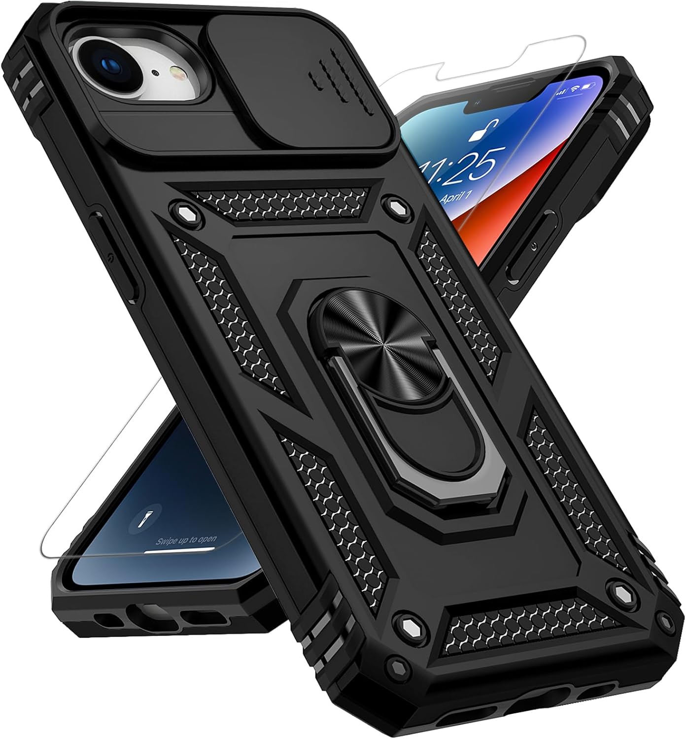for iPhone 16E Case, with Slide Camera Cover HD Screen Protector [Military Grade 16ft. Drop Tested] Magnetic Ring Holder Kickstand Protective Phone Case for Apple iPhone 16E / SE 2025 / SE4, Black