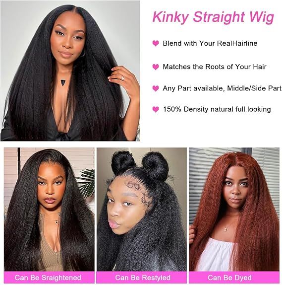 Kinky Straight Front Human Pre Plucked with Baby 150% Density Straight Transparent HD Glueless Human for Black Women 18 Inch
