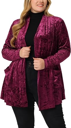 Agnes Orinda Women Plus Size Crush Velvet Shawl Collar Party Cardigan | Classic cut with stretch diamond shiny. Flattering silhouette. Office, festival, dance performances