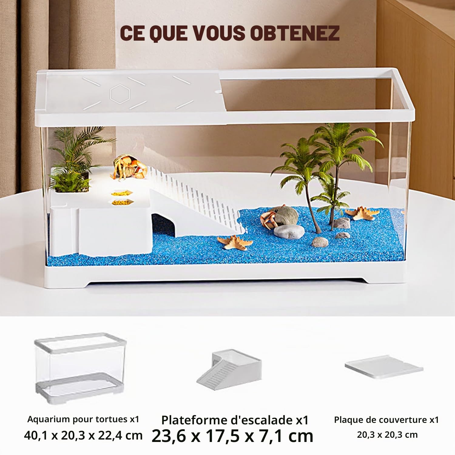 Aquarium pour Tortues avec Plateforme de Bain de Soleil et Drain au Fond, 40 x 20 x 22,5 cm, Aquarium pour Jeunes Tortues, écrevisses, crabes, Amphibiens et Reptiles，Blanc