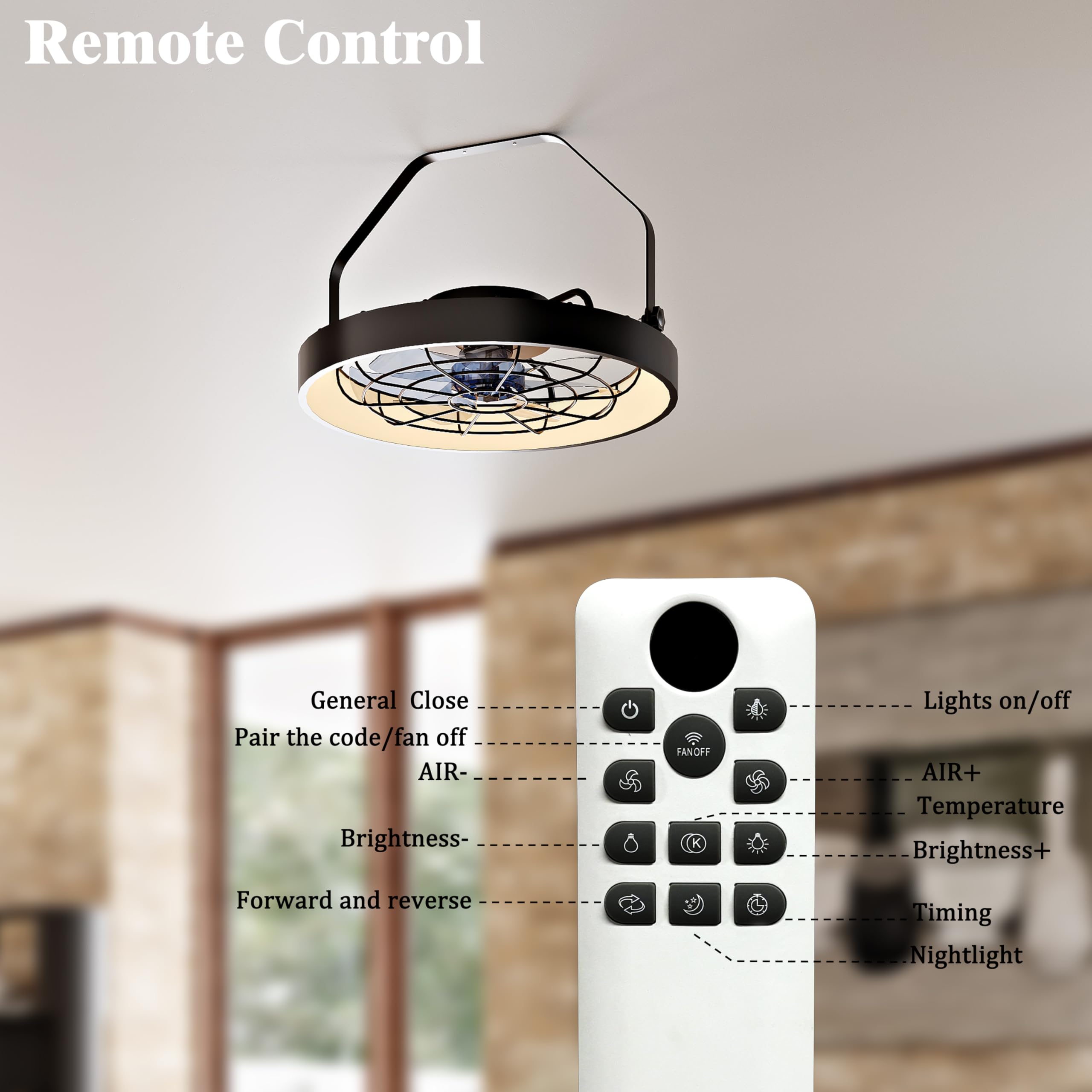 Ventilador de montaje en pared de 20 pulgadas con luz, ventilador de techo de alta velocidad de 5000 CFM de 6 velocidades, ventilador de exterior de inclinación ajustable con luz LED 2