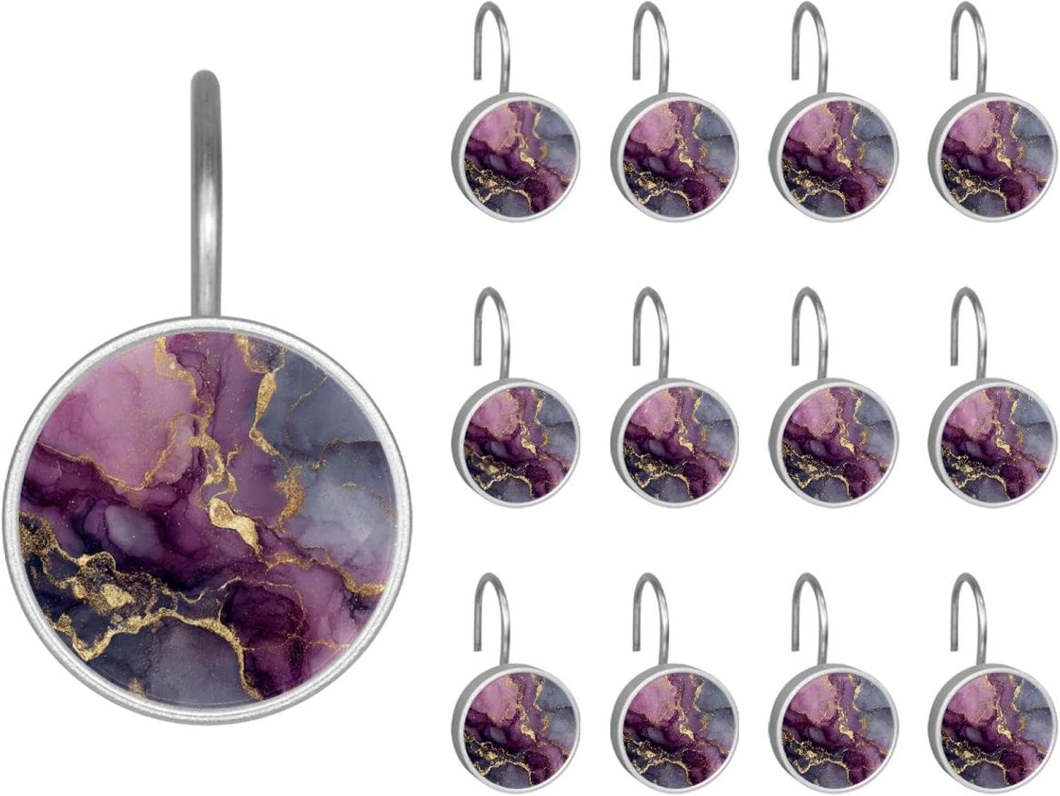 Purple Round Hipple Mandala Floral Flowe Round Crystal Glass Decorative Shower Curtain Hooks with 3D Pattern Visual, Rust Proof Shower Curtain Rings-12 Pack