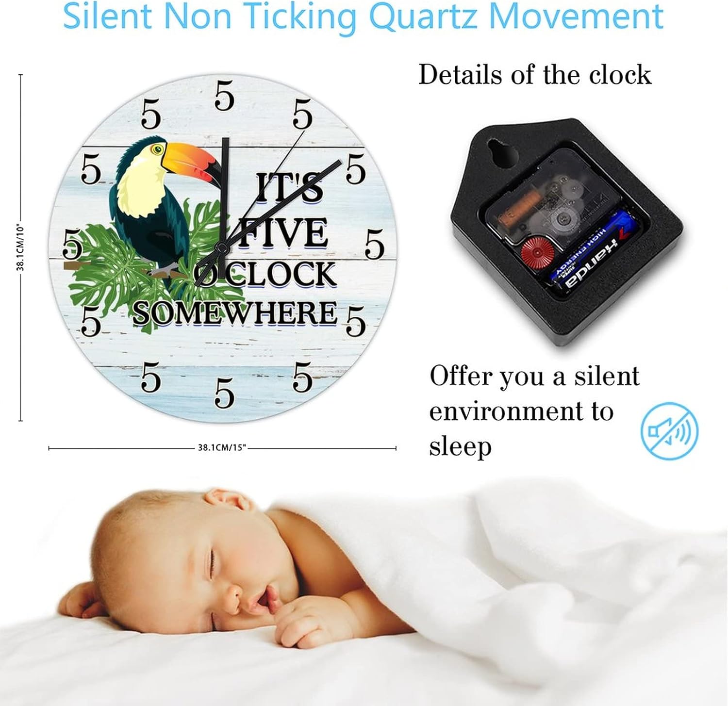 15 Inch It's 5 O'Clock Somewhere Parrot Clock Silent Non-Ticking Summer Tropical Sea Beach Kitchen Wall Clock Round Clock for Home/Office/Kitchen Decor