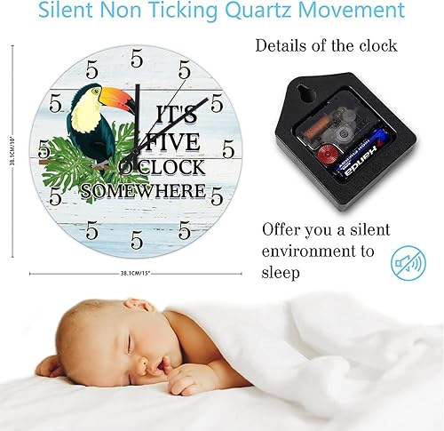 Miniatura 3 de Reloj de pared de 15 pulgadas con texto "It's 5" Somewhere Parrot Clock Silent Non-Ticking Summer Tropical Sea Beach Kitchen Reloj de pared para