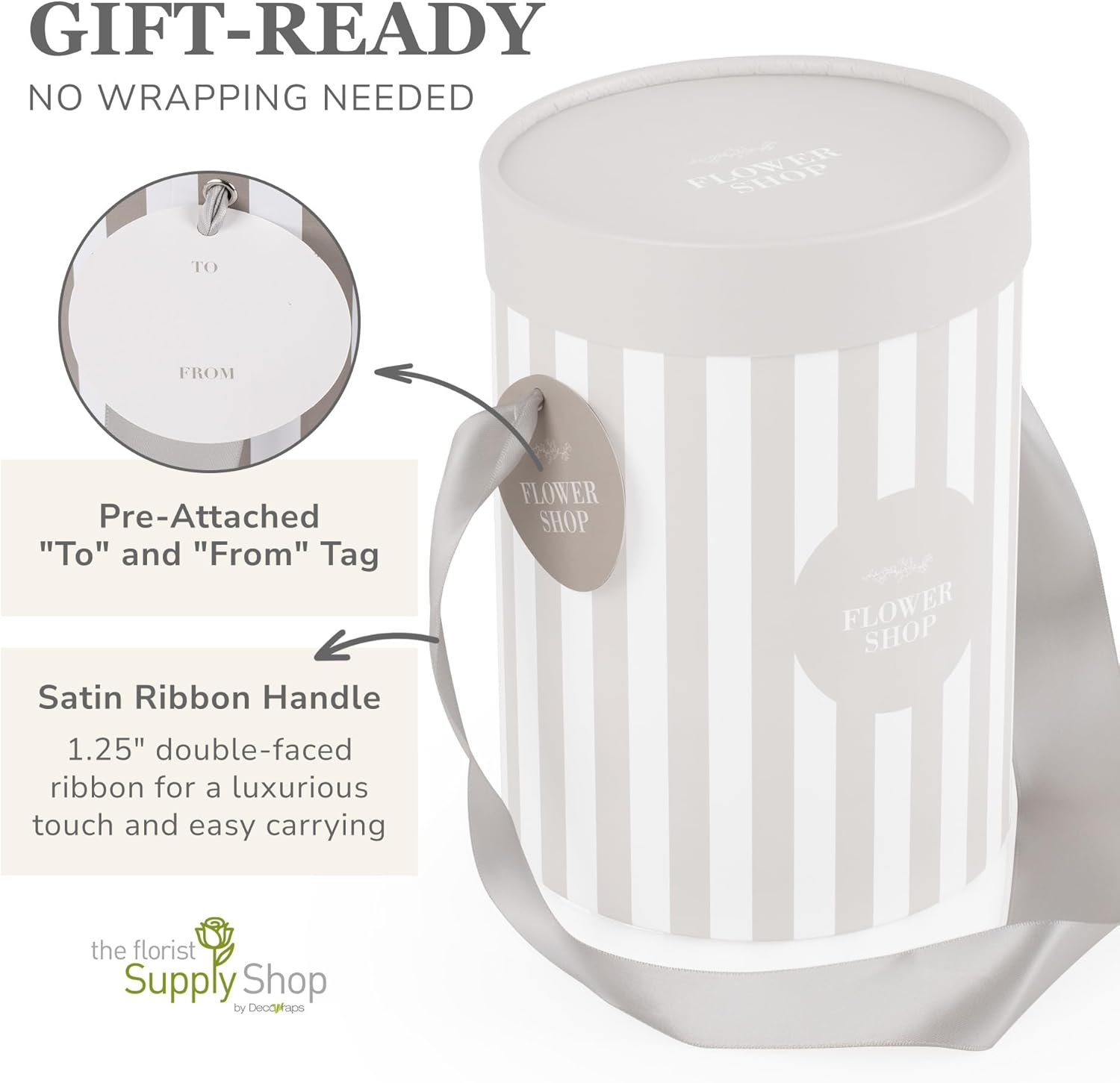 Striped Flower Hat Box 4 Pack | Round Flower Boxes for Arrangements | Satin Ribbon Handle & Waterproof Liner | Gift Box for Flowers with Lids
