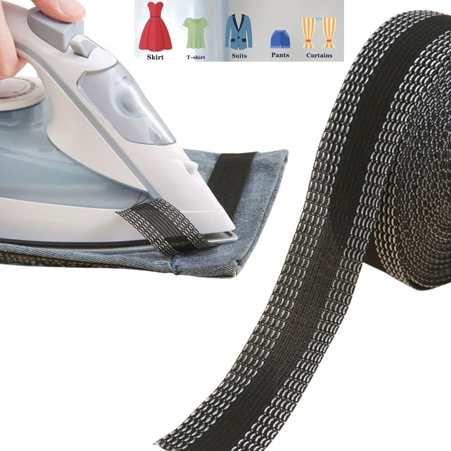 HICOBER Trousers Fabric Bands, Polyester No Sew Adhesive Hem Tape, Washable and Chemically Washable, No Sewing Required, Fusing Tape for Clothes, Can Be Used for Hems, Jeans and Skirts,(Black,5m Roll)