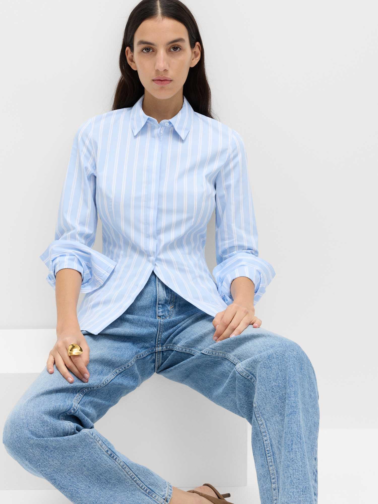 Marks & Spencer Donna Ricco di Cotone a Righe con Colletto Aderente Camicia – con Stretch – Concealed Placket