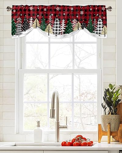 Miniatura 4 de Gogobebe Cortinas de cenefa de amarre para ventana de cocina, diseño de búfalo verde, copos de nieve, color negro, rojo, a cuadros, con bolsillo
