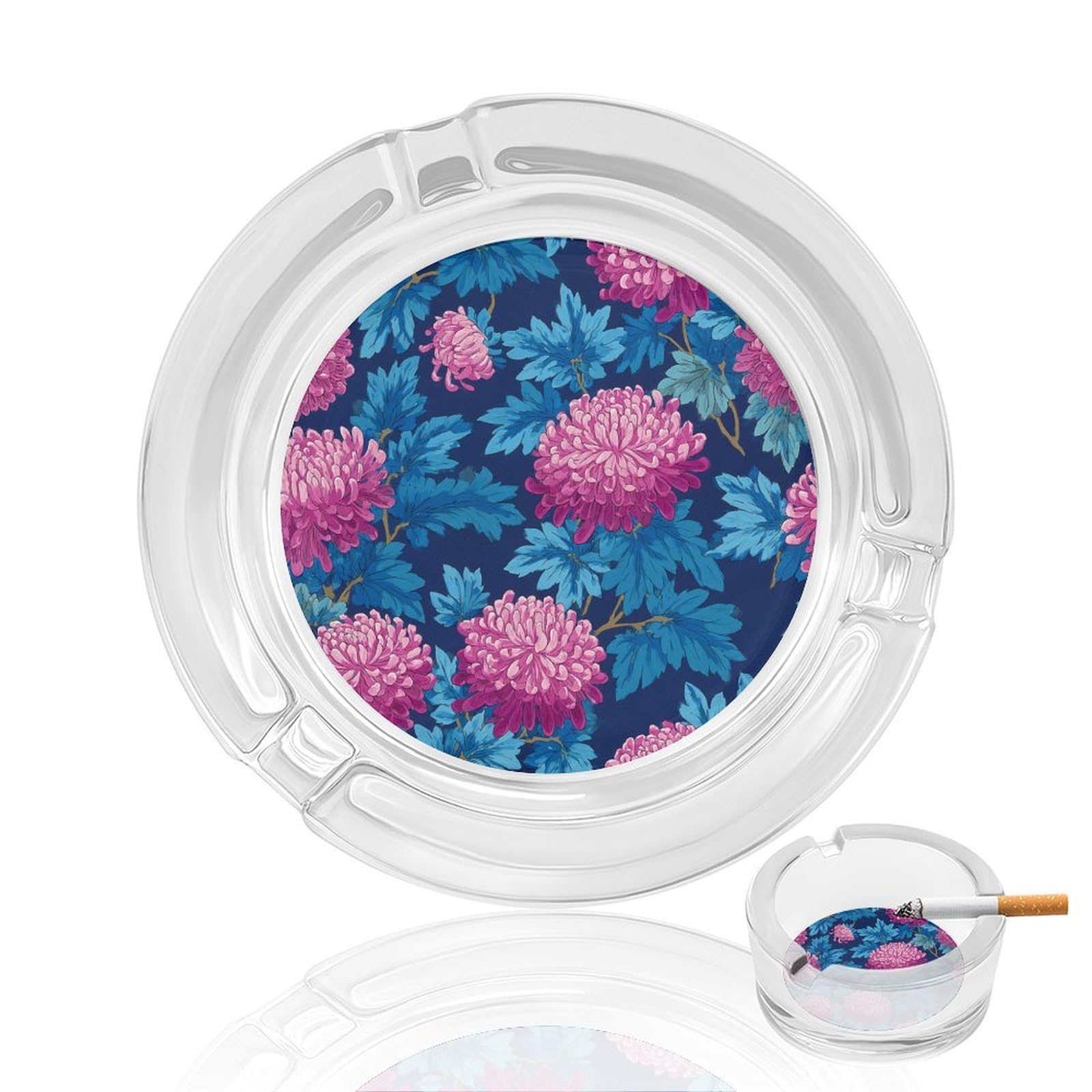 Pink Chrysanthemum Flowers And Blue Leaves Glass Ashtray for Cigarettes Portable Decorative Ash Trays for Home Office Decor